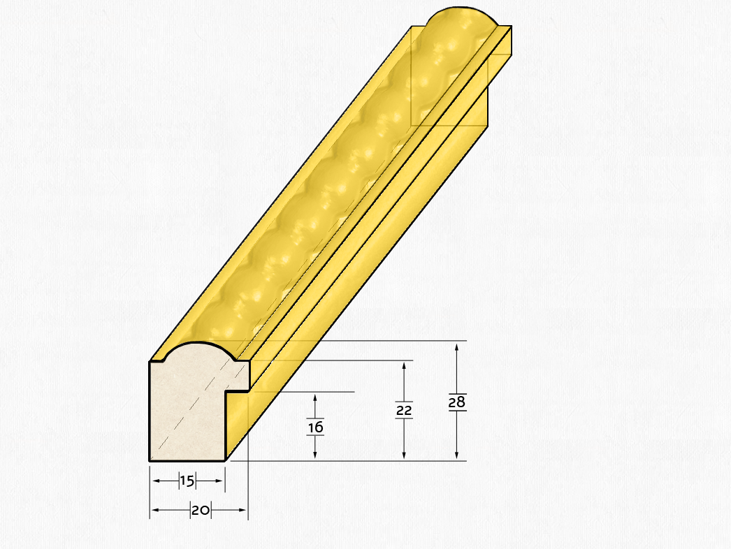 Rysunek techniczny profilu bąbelkowego żółtego 20mm z drewna sosnowego